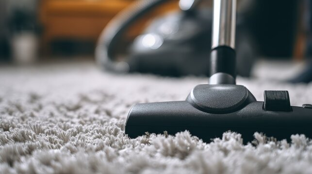 Medium shot showing a cleaner vacuuming a bedroom carpet with a HEPAfilter vacuum aiming to minimize pet dander and dust allergens for better sleep.