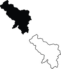 Vertical orientation showing a distinct landmass as a black filled silhouette and corresponding outline map