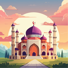 Mosque architecture at sunset with mountains