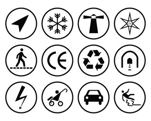 Sign symbol set. Safety, road direction, high voltage, recycle, walking, UV light, slippery floors, car, low temperature, baby stroller and more sign symbol. Vector illustration.
