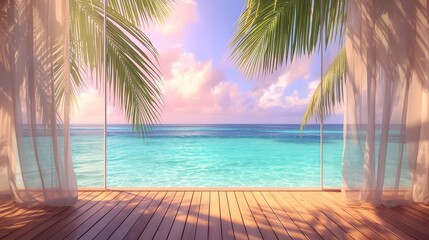 Seaview through Window: Sun-drenched vista from a wooden patio, framed by billowing curtains and palm fronds, with tranquil turquoise waters meeting a serene sky.