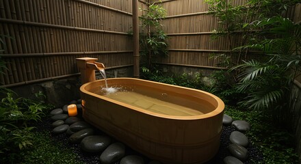 Wooden Bathtub in Zen Garden with Green Plants and Stones