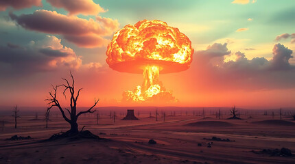 Dramatic mushroom cloud explosion casting an orange glow over a desolate wasteland with barren trees under a fiery sunset sky