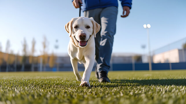 Happy Dog on a Walk: A cheerful golden dog enjoys a sunny stroll on a green field with its owner, radiating joy and companionship.