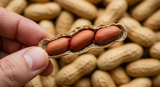 Hand holding peanut pod revealing nut kernels food concept
