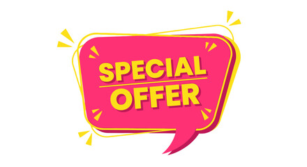 Bright pink speech bubble with "SPECIAL OFFER" text, announcing a sale or promotion.