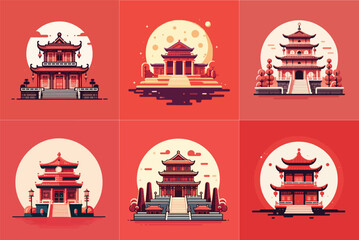 Chinese Pagoda Illustrations A Collection of Red Temple Art
