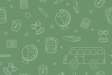 School supplies pattern isolated on a green background. Outline drawing. Seamless pattern under clipping mask, convenient for editing. Background for paper, cover, textile, gift wrap, packaging.