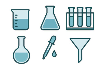 Essential chemistry and biology laboratory glassware and tools in flat design style