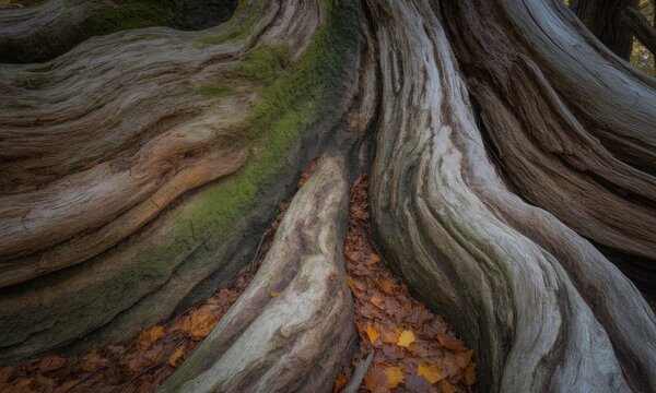 Close-up of a colossal, textured tree trunk with vibrant green moss and autumn leaves