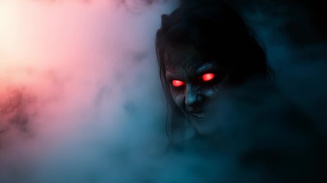 Ghost and demon face rise in blue smoke. Evil creature and spirit merge in darkness. Monster eyes glow with horror. Villain ghost repeats within fog. Spirit and demon echo from deep darkness
