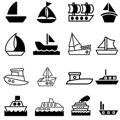 Boat ship sailboat vessel yacht cruise ferry marine transport nautical sea ocean icons set