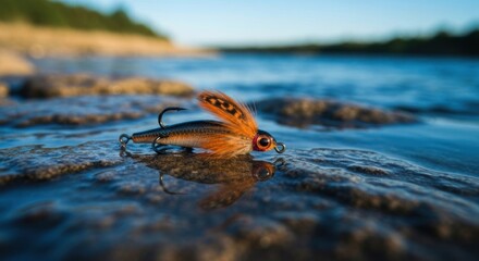 Close-up of a fishing lure on wet rocks by a lake, reflecting sunlight