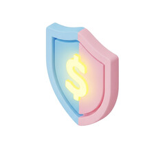 Isometric 3D Pastel Shield Icon with Glowing Dollar Sign in Toy-Like Rounded Style Representing Secure Transaction