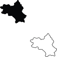 This black silhouette and outline map displays the distinct geographical shape of a specific region or territory