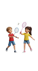 Fototapeta premium Two Cute Cartoon Girls Playing Badminton - Kids Sports, Active Play, Fun & Friendship, Healthy Lifestyle