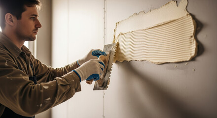 Skilled man plastering wall using trowel for home renovation. Man plastering wall with expertise, applying mortar evenly, showcasing dedication to improving interior spaces.