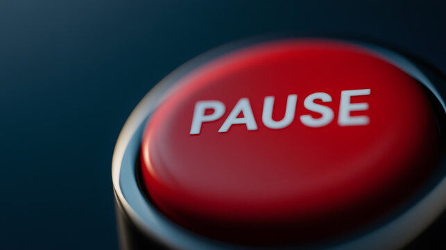 A shiny, red push button with the word "PAUSE" in white, set against a blurry, dark blue background. A symbol of control, interruption and halting.