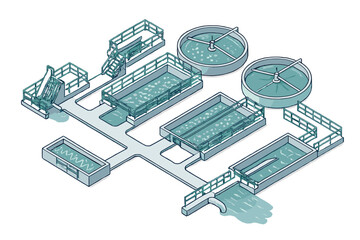 Isometric diagram of municipal wastewater treatment plant process and infrastructure