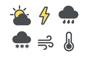 Simple weather forecast symbols set including sun, cloud, rain, snow, lightning, wind, and temperature