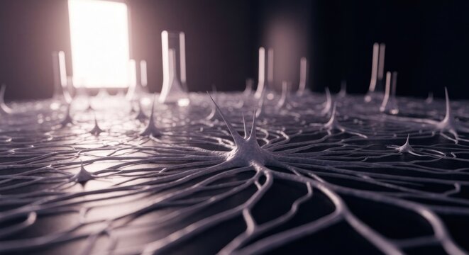 Close-up of cell-like structures with intricate, interconnected networks, soft lighting