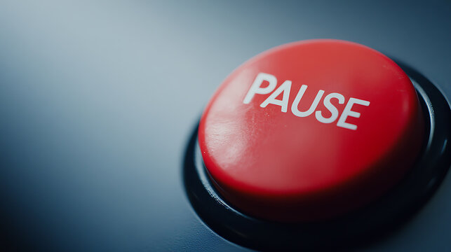 A vibrant red button prominently displays the word "PAUSE" in bold white lettering, inviting the viewer to take a break and reflect on the present moment.