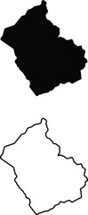 A dark black silhouette of an irregularly shaped map appears above its corresponding thick line outline