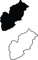 An elongated black silhouette map and its matching precise outline are prominently displayed on a bright white canvas