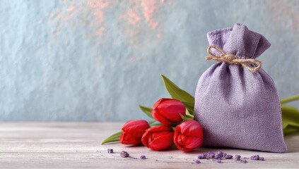 Lavender-scented pouch sits beside three red tulips on a rustic wooden surface against a textured backdrop. Dried lavender is scattered nearby
