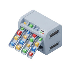 Isometric 3D Pastel Gray Parcel Sorting Machine with Multiple Chutes and Colorful Parcels in Toy-Like Rounded Style