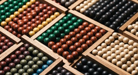 Close-up of colorful beads arranged neatly within wooden compartments
