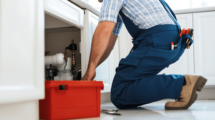Plumber kneeling, fixing pipes under a sink. Equipped with tools, red toolbox nearby. Focused maintenance and repair work in a clean environment.