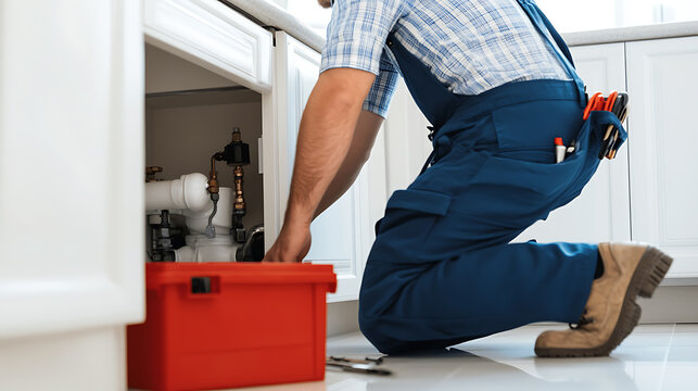 Plumber kneeling, fixing pipes under a sink. Equipped with tools, red toolbox nearby. Focused maintenance and repair work in a clean environment.