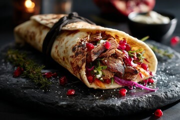 Rustic ambiance close-up photography of an exquisite shawarma on a marble slab isolated on dark background
