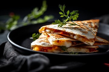Natural light close-up photography of an hearty quesadilla on a porcelain platter isolated in dark background