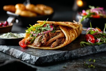 Rustic ambiance close-up photography of an exquisite shawarma on a marble slab in front of dark background