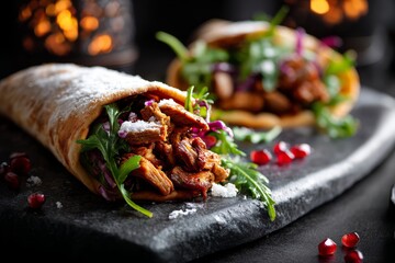Rustic ambiance close-up photography of an exquisite shawarma on a marble slab on dark background