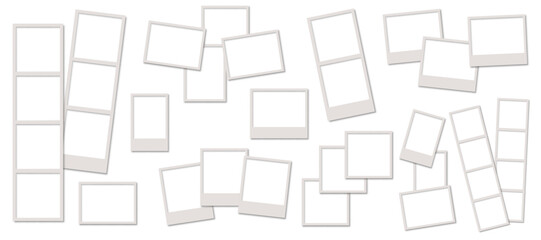 Fototapeta na wymiar Empty photo frame set, blank photo booth strip template, many different photo frames