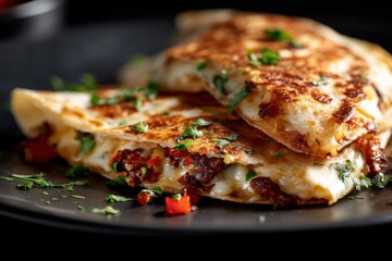 Natural light close-up photography of an hearty quesadilla on a porcelain platter in front of dark background