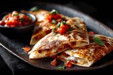 Natural light close-up photography of an hearty quesadilla on a porcelain platter over dark background