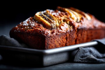 Detailed close-up photography of an exquisite banana bread on a metal tray in front of dark background