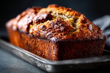 Detailed close-up photography of an exquisite banana bread on a metal tray in front of dark background