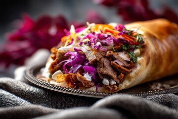 Macro view photography of a delicious doner kebab on a metal tray isolated in chenille fabric background