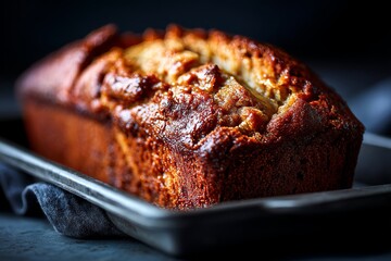 Detailed close-up photography of an exquisite banana bread on a metal tray isolated on dark background