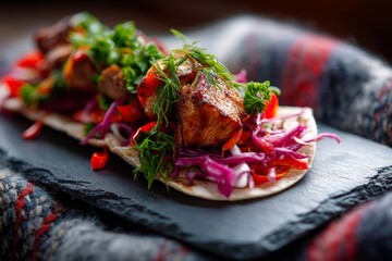 Macro detail close-up photography of a tempting kebab on a slate plate while standing against chenille fabric background