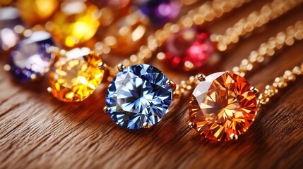 Fototapeta premium Colorful gemstone necklaces on a wooden surface