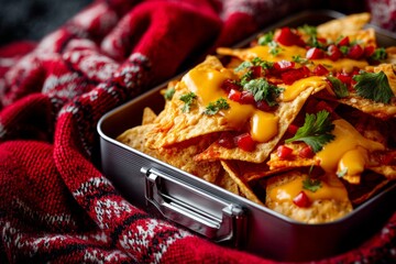 Detailed close-up photography of a tempting nachos in a bento box isolated on chenille fabric background