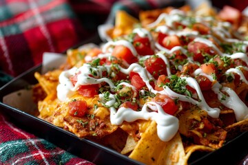 Detailed close-up photography of a tempting nachos in a bento box isolated on chenille fabric background