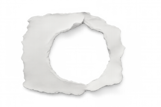 Torn white paper creating a circular ripped hole, providing a textured blank frame on transparent background - Powered by Adobe