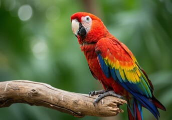 Obraz premium Vibrant scarlet macaw perched on a wooden branch in a lush forest.